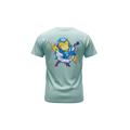 Back view of 5/14 Apparel Poncho Psyduck dusty blue tee — Psyduck in blue poncho costume with lightning bolts and stars back graphic, premium Pokemon graphic tee