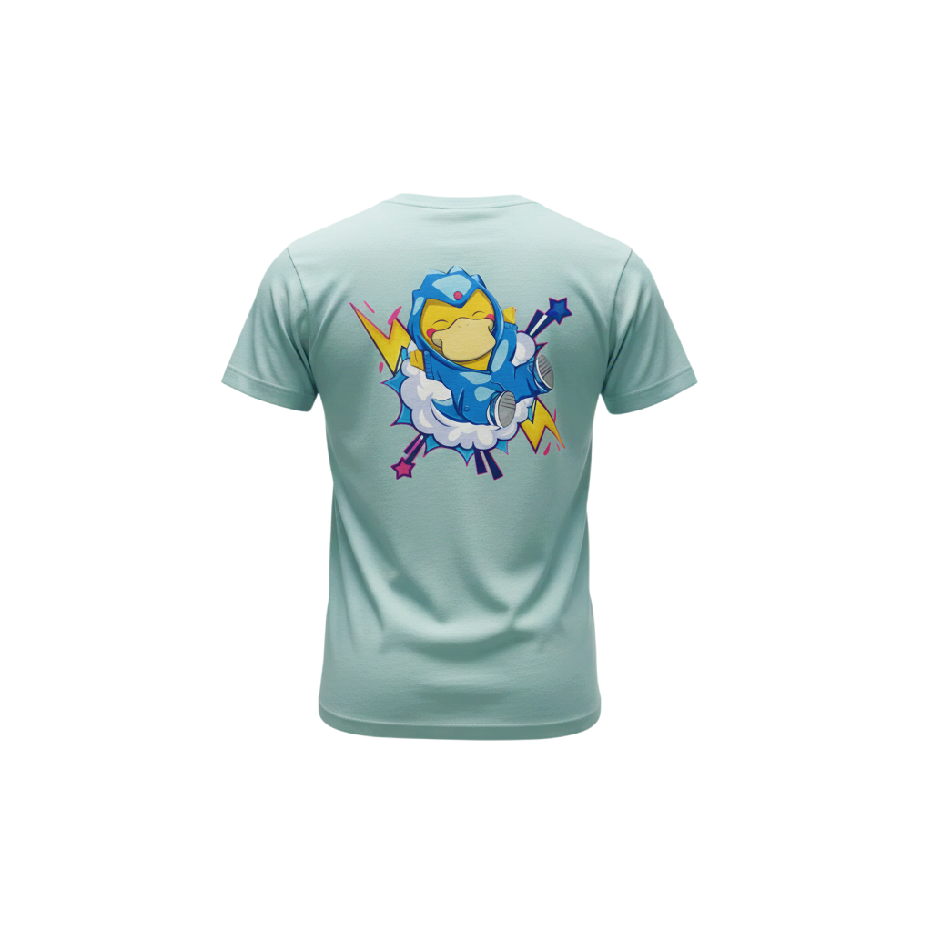 Back view of 5/14 Apparel Poncho Psyduck dusty blue tee — Psyduck in blue poncho costume with lightning bolts and stars back graphic, premium Pokemon graphic tee