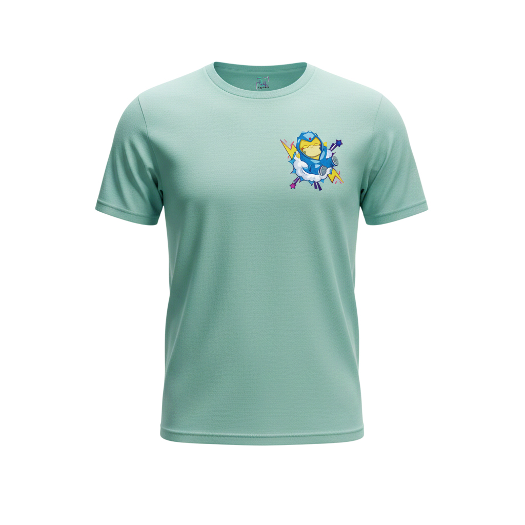 Front view of 5/14 Apparel Poncho Psyduck dusty blue tee — Psyduck in blue poncho costume with lightning bolts small chest graphic, premium Pokemon graphic tee