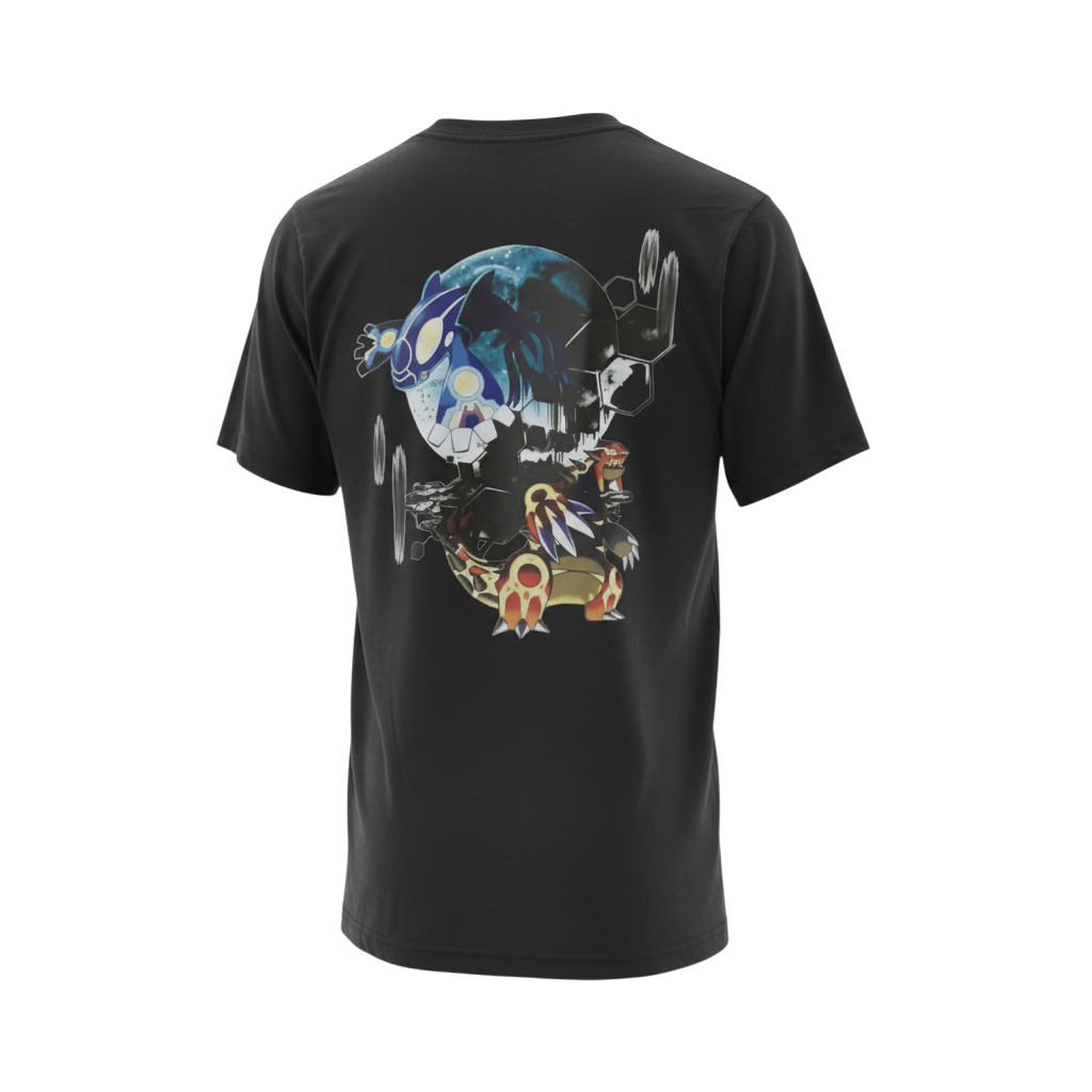 Back view of 5/14 Apparel Primal Groudon and Kyogre black tee — Primal Kyogre and Primal Groudon clashing in blue and red back graphic, premium Pokemon graphic tee