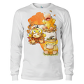 Front of white Psyduck long-sleeve shirt with three Psyduck scenes, autumn leaves, and a pumpkin