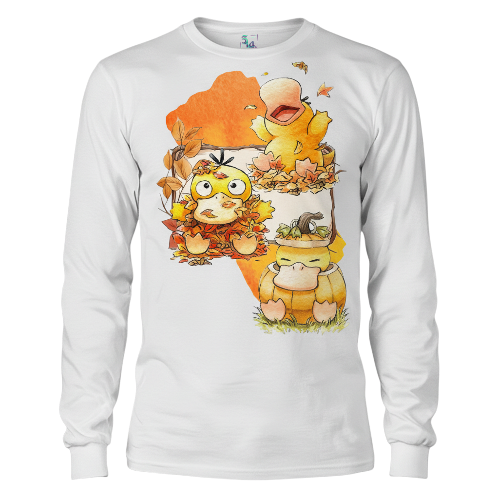 Front of white Psyduck long-sleeve shirt with three Psyduck scenes, autumn leaves, and a pumpkin