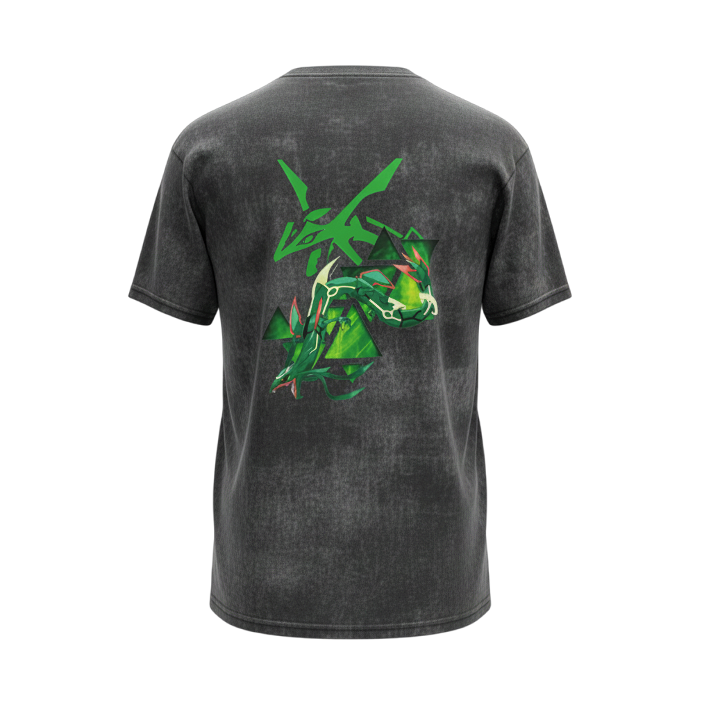 Back view of 5/14 Apparel Rayquaza vintage tee — Rayquaza coiling through storm clouds full back graphic, premium Pokemon graphic tee