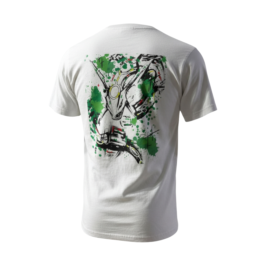 Back view of 5/14 Apparel Rayquaza Splat white tee — sketch art Rayquaza with green color splatter full back graphic, premium Pokemon graphic tee