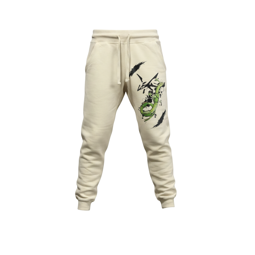 Front view of 5/14 Apparel Rayquaza sandshell sweatpants — Rayquaza graphic on left thigh, premium Pokemon joggers by 5/14 Apparel