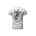 Back view of 5/14 Apparel Rayquaza Watercolor white tee — Rayquaza coiling through black hexagon geometric shapes back graphic, premium Pokemon graphic tee