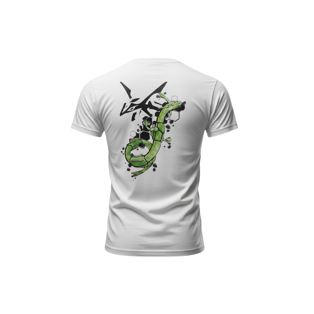 Back view of 5/14 Apparel Rayquaza Watercolor white tee — Rayquaza coiling through black hexagon geometric shapes back graphic, premium Pokemon graphic tee