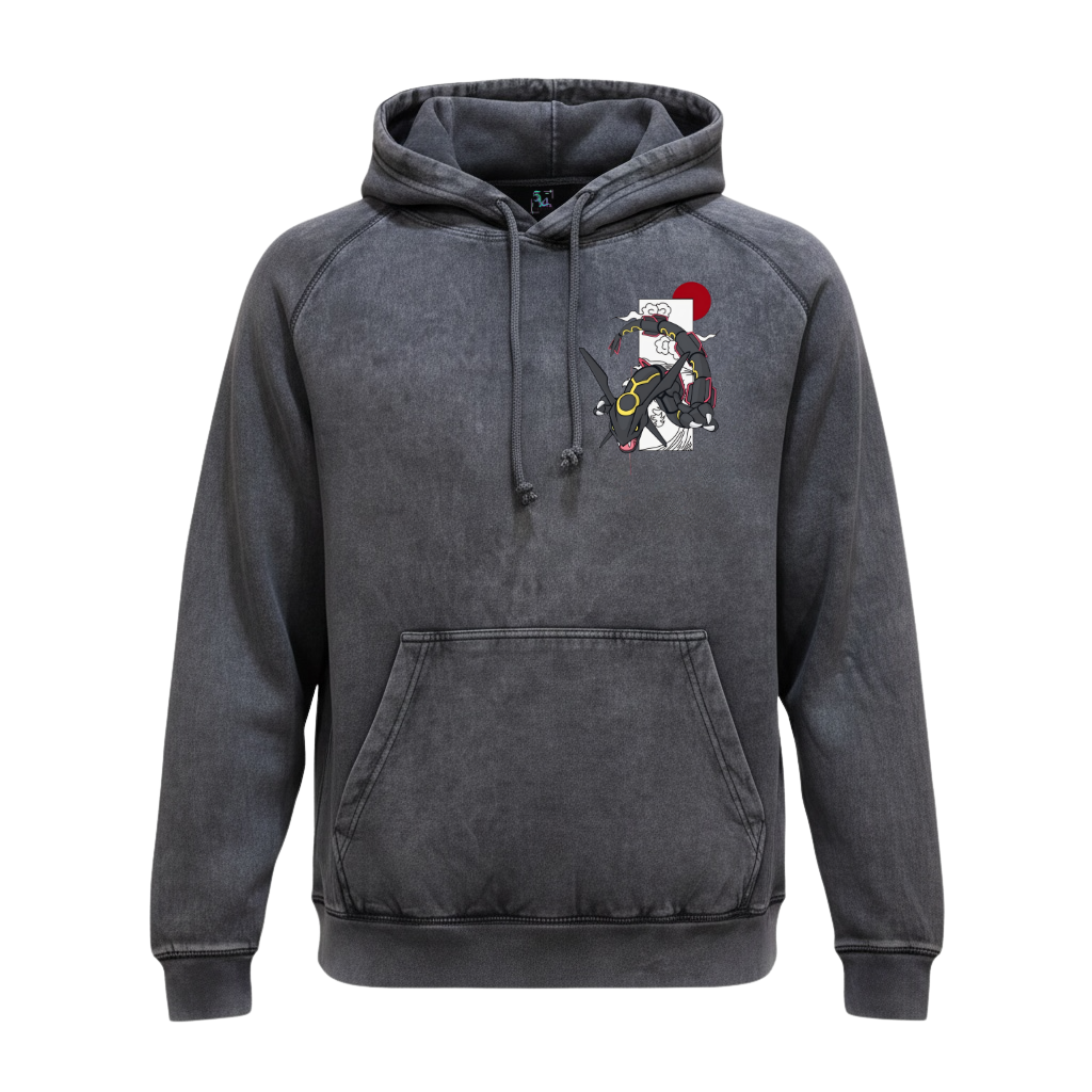 5/14 Apparel Shiny Rayquaza vintage black wash hoodie front chest print — shiny Rayquaza in Japanese panel design with red sun, mineral washed unisex hoodie