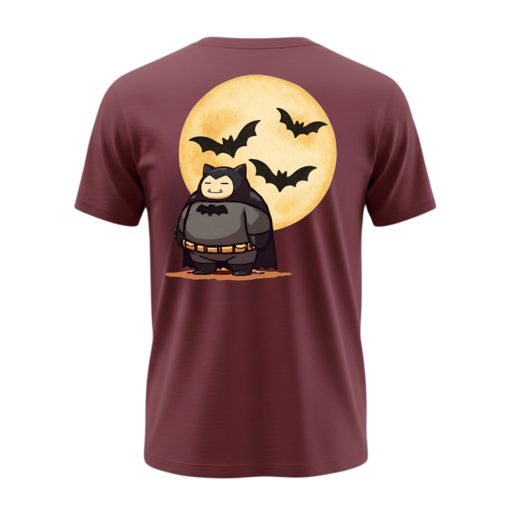 Back of maroon Snorlax tee with large batman-costume Snorlax graphic beneath a glowing moon and bats