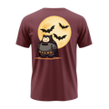 Back of maroon Snorlax tee with large batman-costume Snorlax graphic beneath a glowing moon and bats