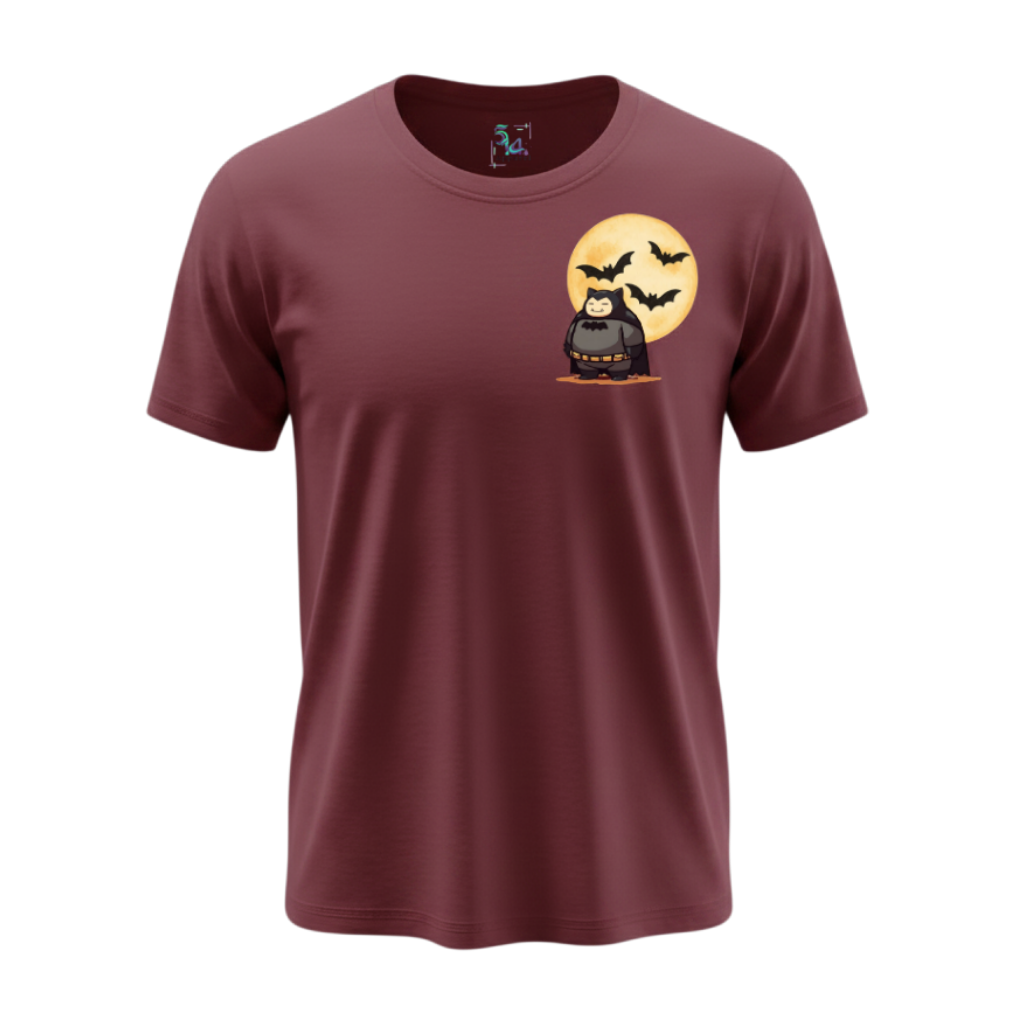 Front of maroon Snorlax tee with small batman-costume Snorlax, moon, and bats chest graphic