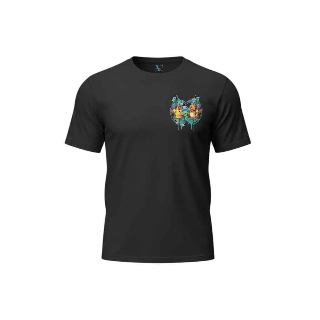 Front view of 5/14 Apparel Starters black tee — Pikachu, Bulbasaur, Squirtle, and Charmander in teal heart wreath small chest graphic, premium Pokemon graphic tee