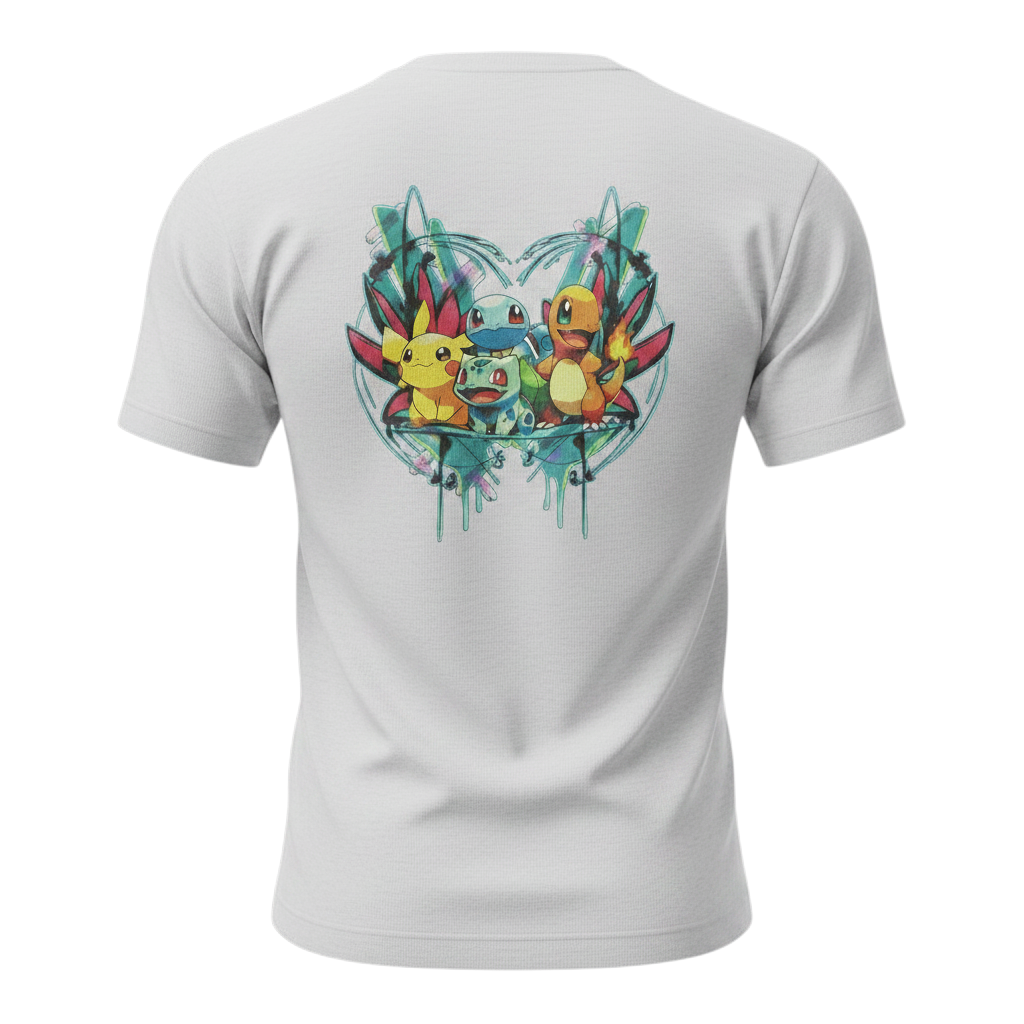 Back view of 5/14 Apparel Starters white tee — Pikachu, Bulbasaur, Squirtle, and Charmander in teal heart wreath back graphic, premium Pokemon graphic tee