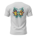 Back view of 5/14 Apparel Starters white tee — Pikachu, Bulbasaur, Squirtle, and Charmander in teal heart wreath back graphic, premium Pokemon graphic tee