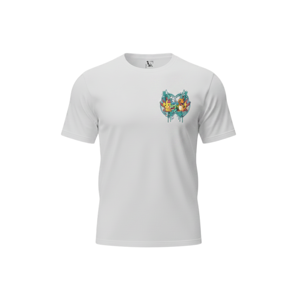 Front view of 5/14 Apparel Starters white tee — Pikachu, Bulbasaur, Squirtle, and Charmander in teal heart wreath small chest graphic, premium Pokemon graphic tee