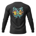 Back view of 5/14 Apparel STARTERS black long sleeve — large Bulbasaur, Charmander, and Squirtle graphic, premium Pokemon long sleeve tee