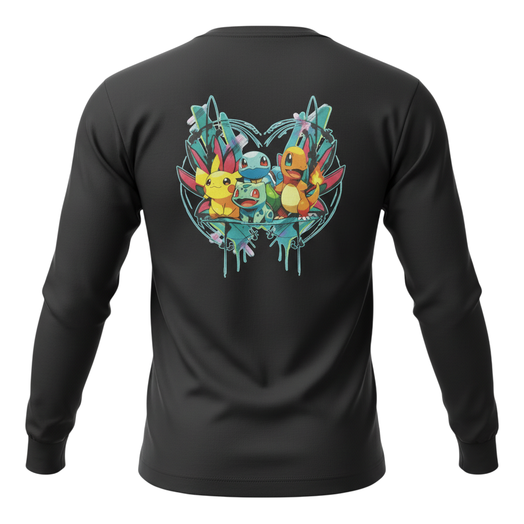 Back view of 5/14 Apparel STARTERS black long sleeve — large Bulbasaur, Charmander, and Squirtle graphic, premium Pokemon long sleeve tee