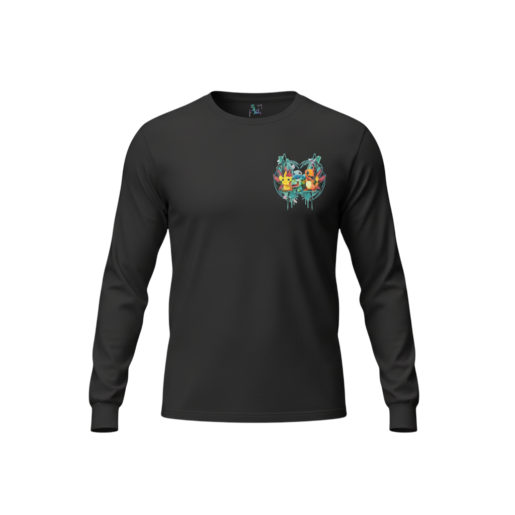 Front view of 5/14 Apparel STARTERS black long sleeve — Bulbasaur, Charmander, and Squirtle graphic on chest, premium Pokemon apparel