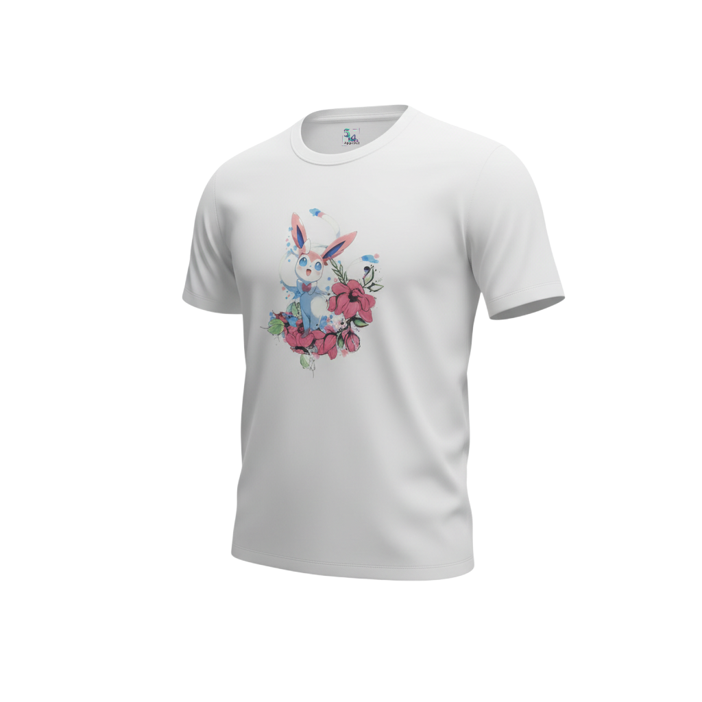 Front view of 5/14 Apparel Sylveon white tee — Sylveon with ribbon and floral wreath graphic on left chest, premium Pokemon graphic tee