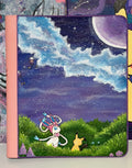 Front view of 5/14 Apparel custom hand-painted Sylveon and Mimikyu binder — Sylveon and Mimikyu sitting in moonlit green meadow under deep purple starry sky with large crescent moon, one-of-one acrylic art on pink 9-pocket binder