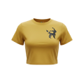 Front view of 5/14 Apparel Umbreon antique gold crop tee — dark Umbreon silhouette graphic on left chest, loose fit Pokemon crop top