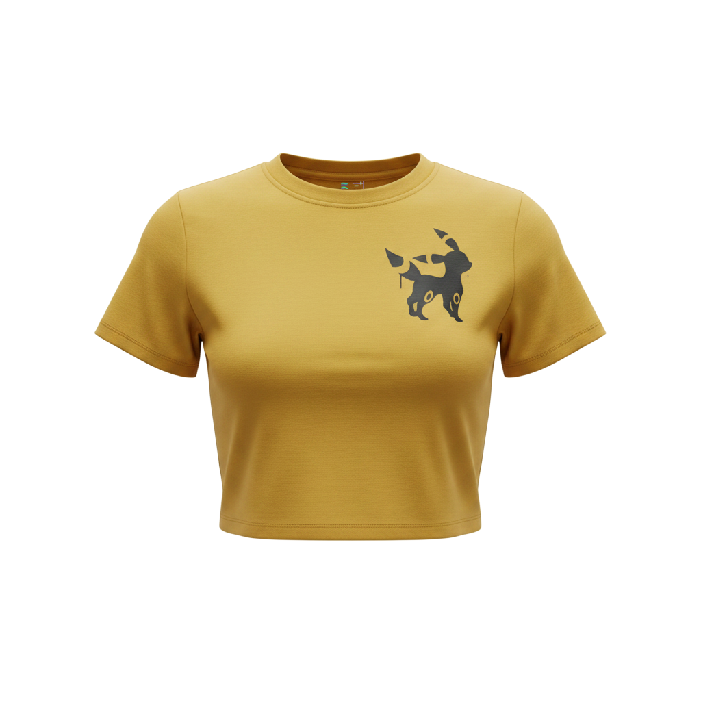 Front view of 5/14 Apparel Umbreon antique gold crop tee — dark Umbreon silhouette graphic on left chest, loose fit Pokemon crop top