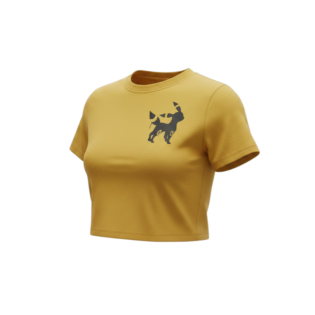 Angled view of 5/14 Apparel Umbreon antique gold crop tee — dark Umbreon silhouette graphic on chest, loose fit Pokemon crop top by 5/14 Apparel