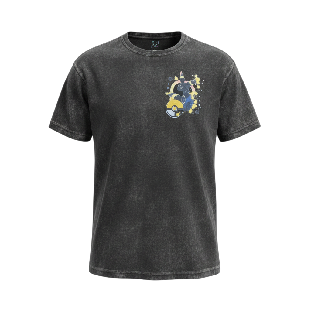 Front view of 5/14 Apparel Umbreon vintage black wash tee — Umbreon with Pokeball watercolor small chest graphic in yellow and blue, premium Pokemon graphic tee