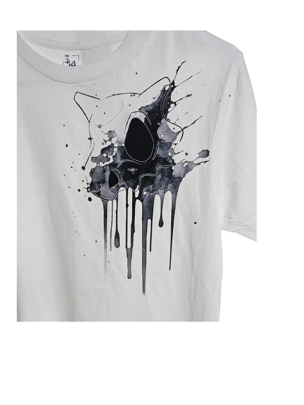 Close-up of Cubone skull drip graphic on white tee — limited edition original Pokemon design by 5/14 Apparel