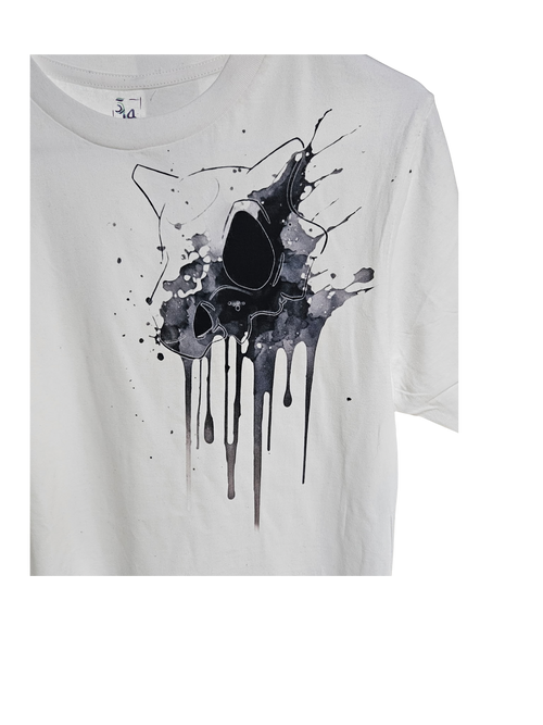 Close-up of Cubone skull drip graphic on white tee — limited edition original Pokemon design by 5/14 Apparel