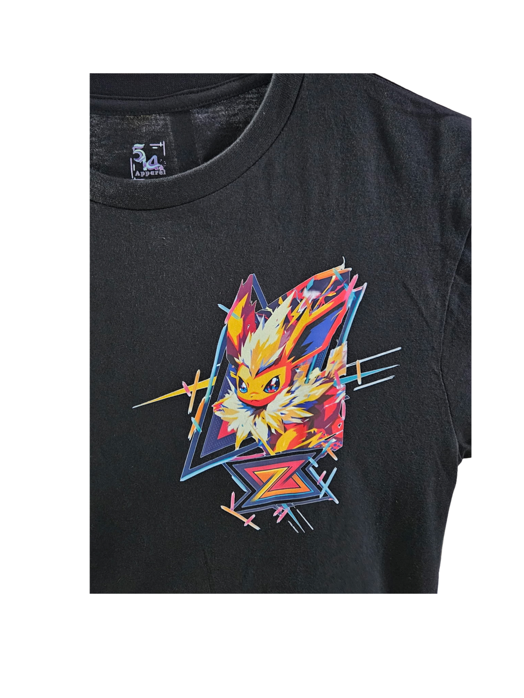 Close-up of Flareon graphic on black long sleeve — Flareon in geometric diamond frame with yellow, red, and blue energy accents by 5/14 Apparel