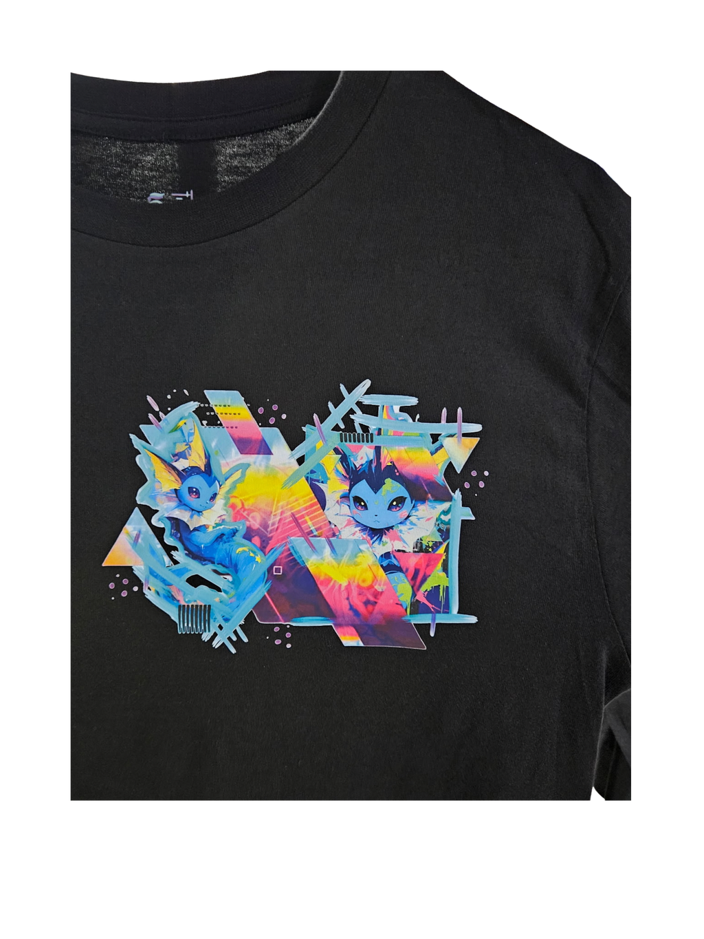 Close-up of Vaporeon graphic on black long sleeve — colorful Vaporeon design with geometric elements by 5/14 Apparel