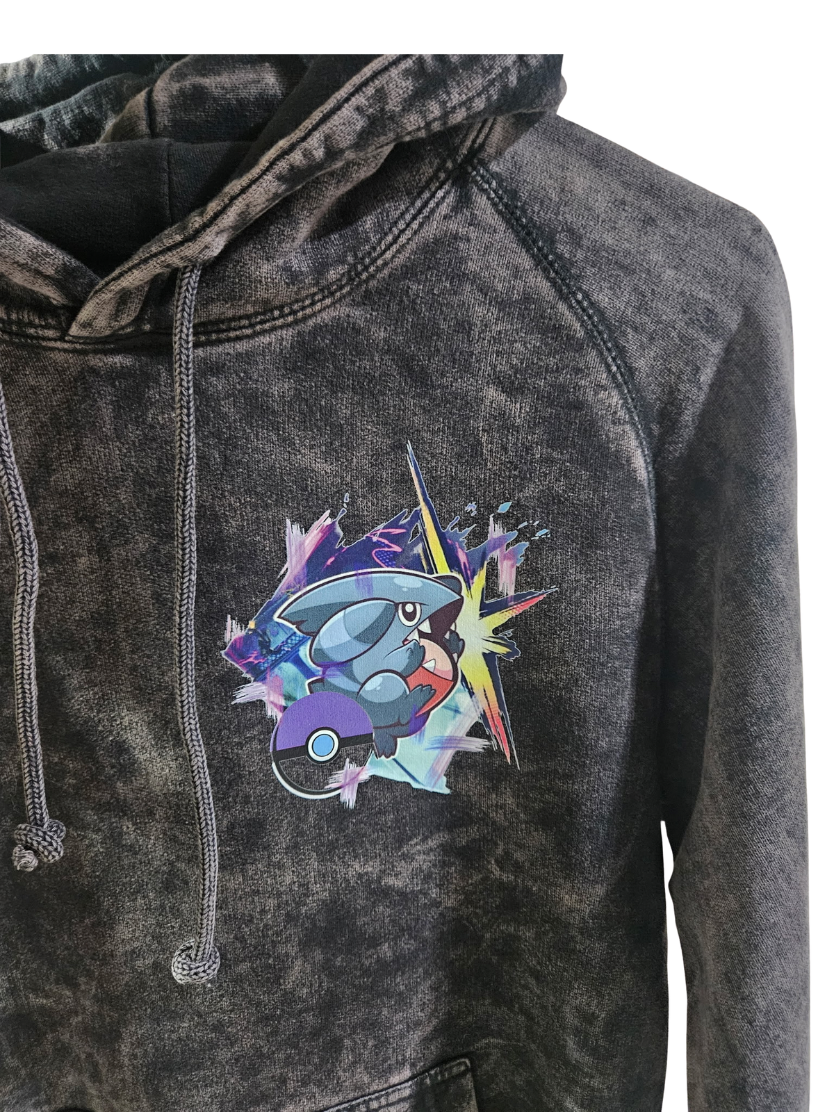 Close-up of Gible graphic on mineral wash black hoodie — Gible with Pokeball and energy burst design by 5/14 Apparel