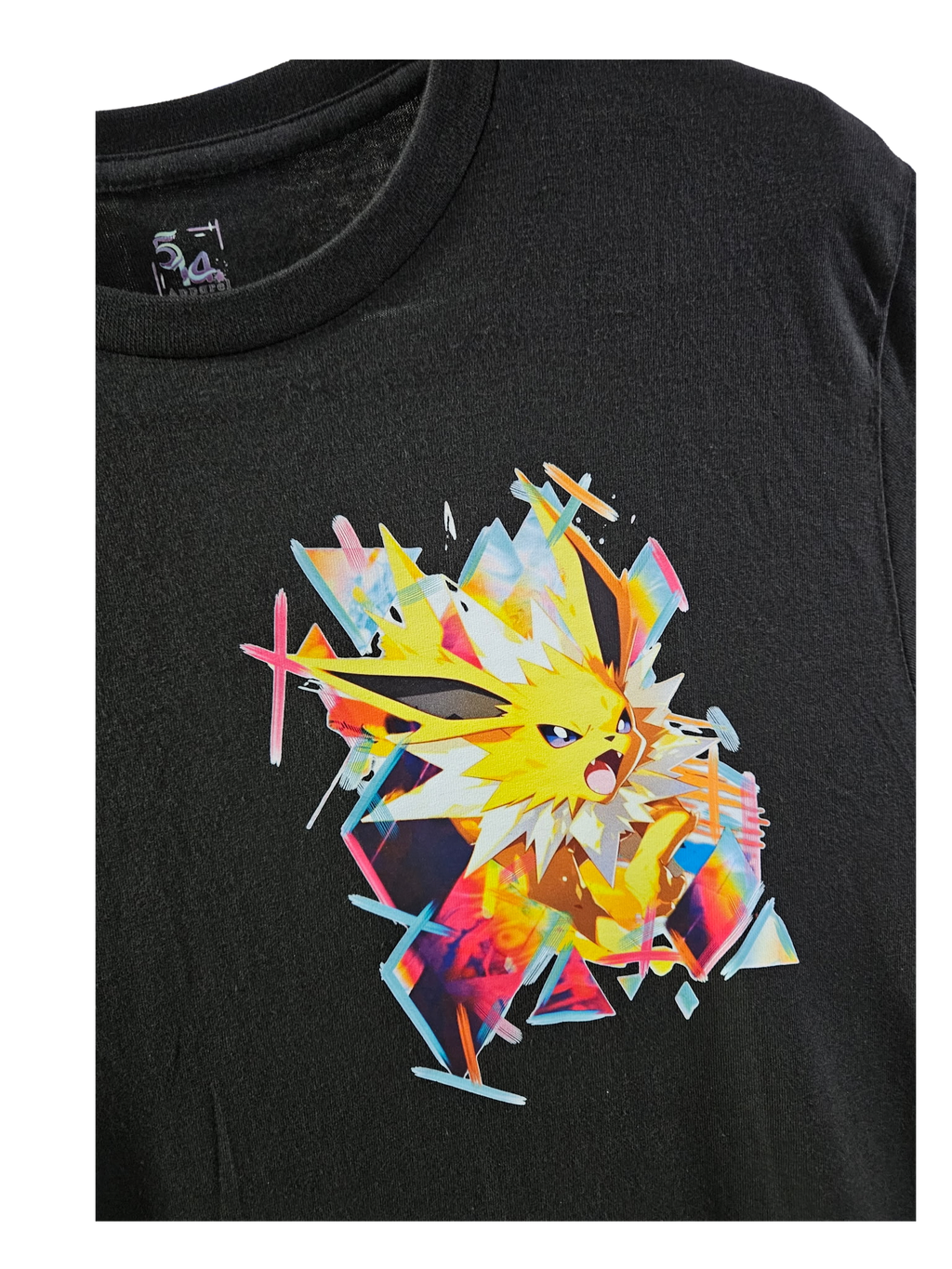 Close-up of Jolteon graphic on black long sleeve — colorful Jolteon design with geometric elements by 5/14 Apparel