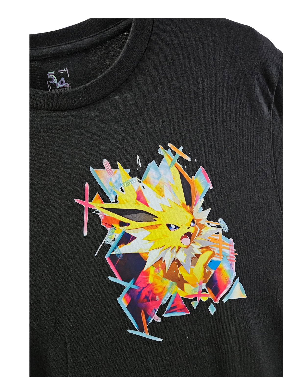 Close-up of Jolteon graphic on black long sleeve — colorful Jolteon design with geometric elements by 5/14 Apparel