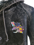 Front view of 5/14 Apparel Gengar and Mimikyu purple mineral wash hoodie — ghost-type duo graphic on chest, premium vintage wash Pokemon hoodie