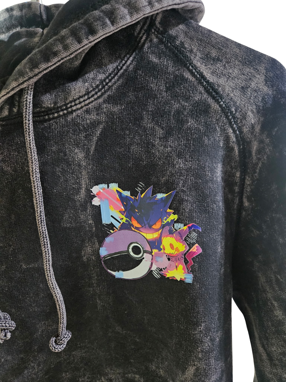 Front view of 5/14 Apparel Gengar and Mimikyu purple mineral wash hoodie — ghost-type duo graphic on chest, premium vintage wash Pokemon hoodie