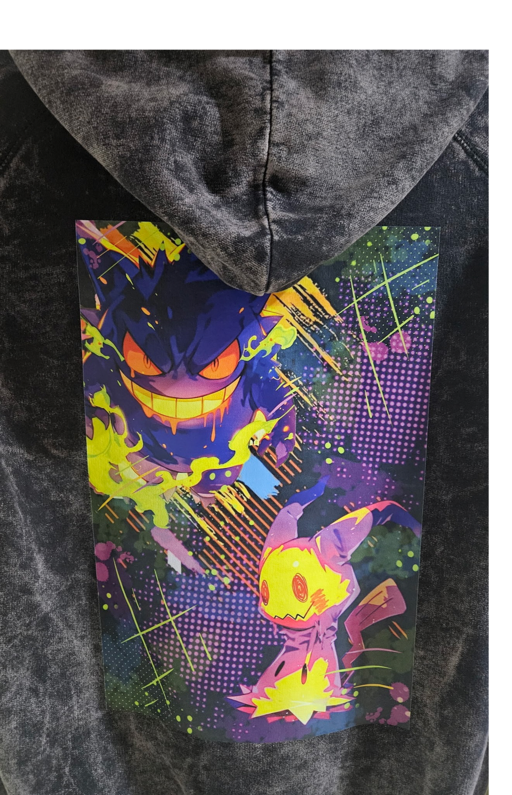 Close-up of Gengar and Mimikyu graphic on purple mineral wash hoodie — original ghost-type Pokemon design by 5/14 Apparel