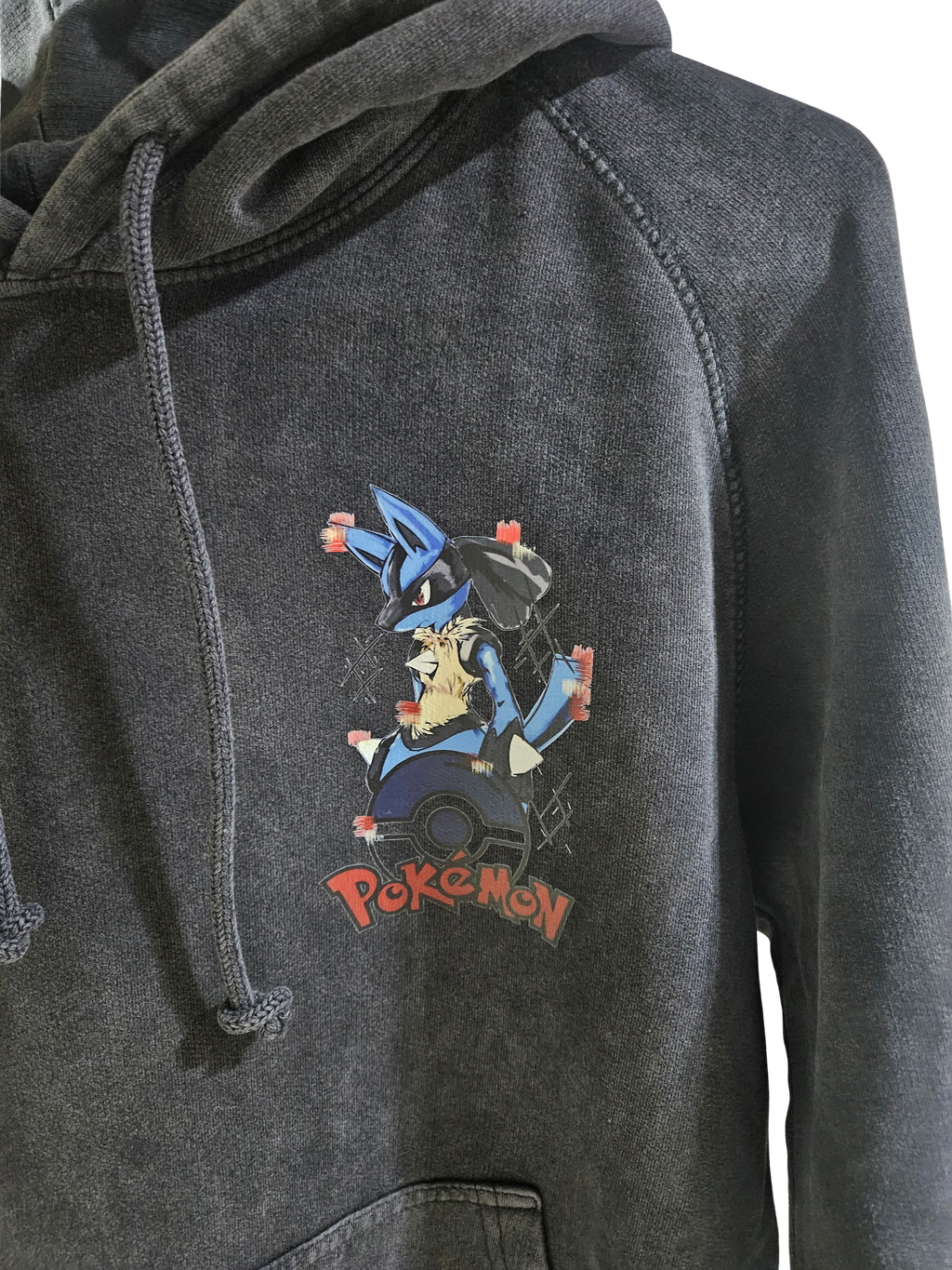 Close-up of Lucario and Riolu graphic on mineral wash black hoodie — original Pokemon design by 5/14 Apparel