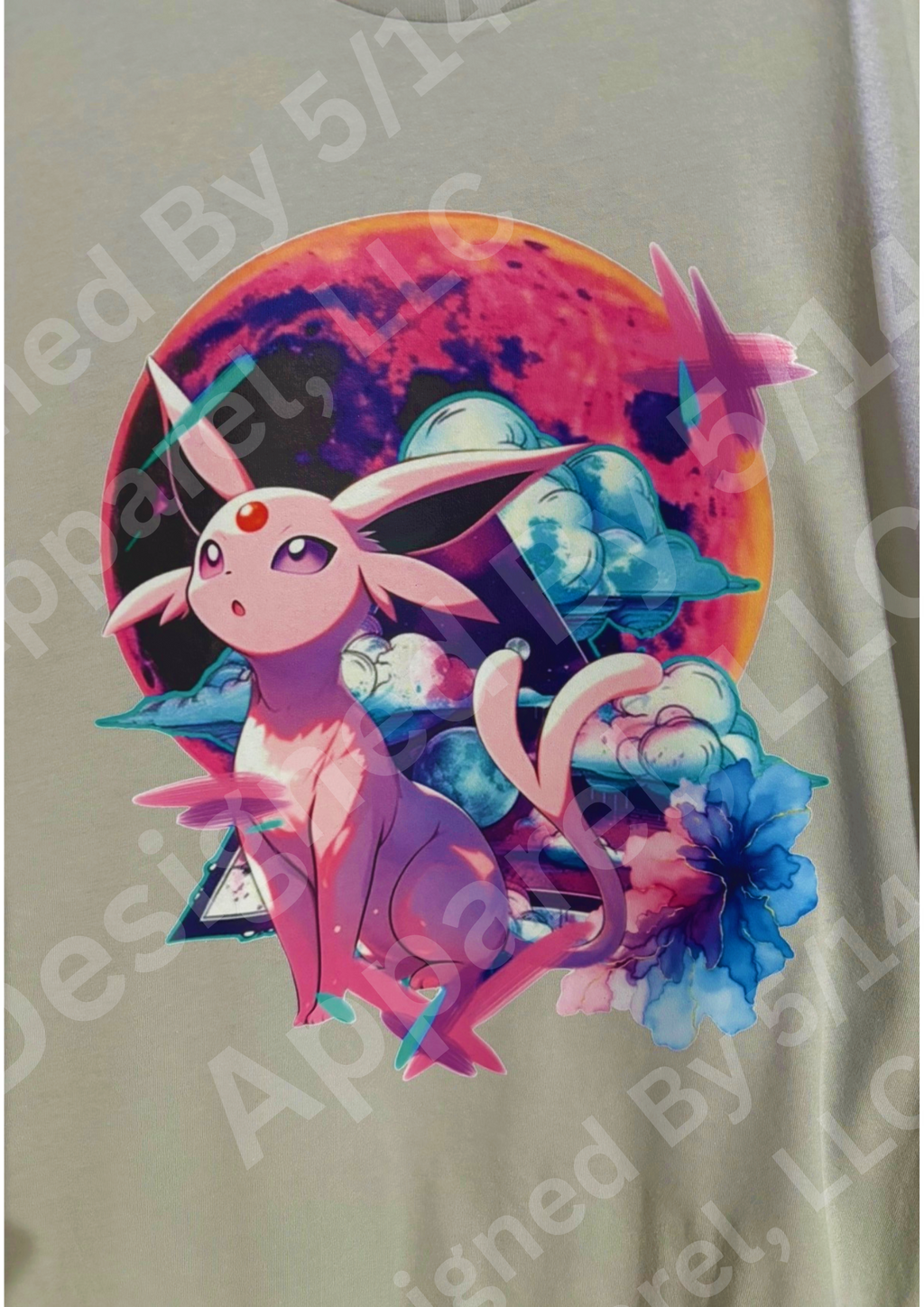 Front view of 5/14 Apparel Espeon black tee — Espeon with celestial moon and stars graphic on left chest, premium Pokemon graphic tee