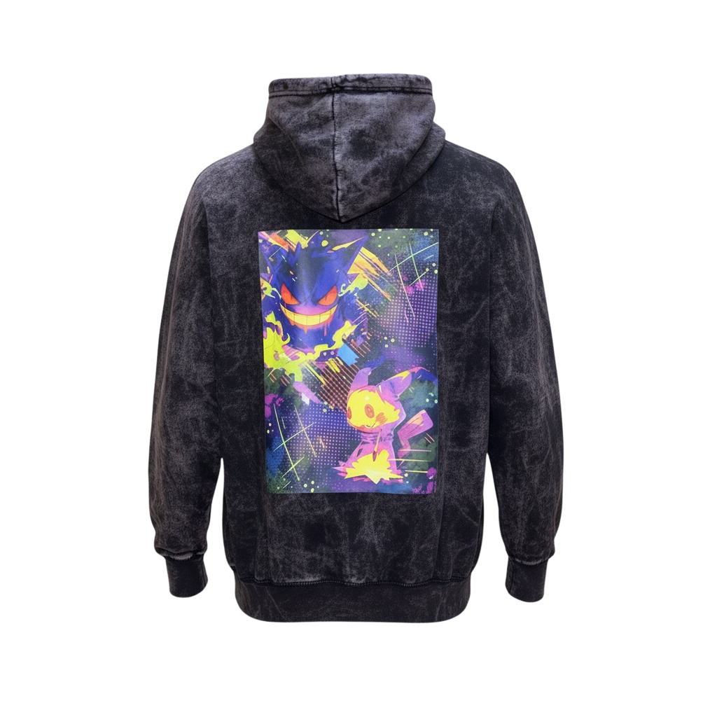 Back view of 5/14 Apparel Gengar and Mimikyu purple mineral wash hoodie — large ghost-type graphic on back, premium vintage wash Pokemon hoodie