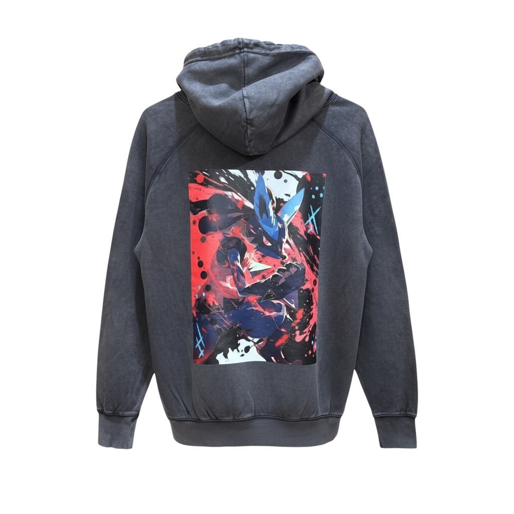 Back view of 5/14 Apparel Lucario mineral wash black hoodie — large dynamic Lucario full back graphic in red and blue on black, premium vintage wash Pokemon hoodie