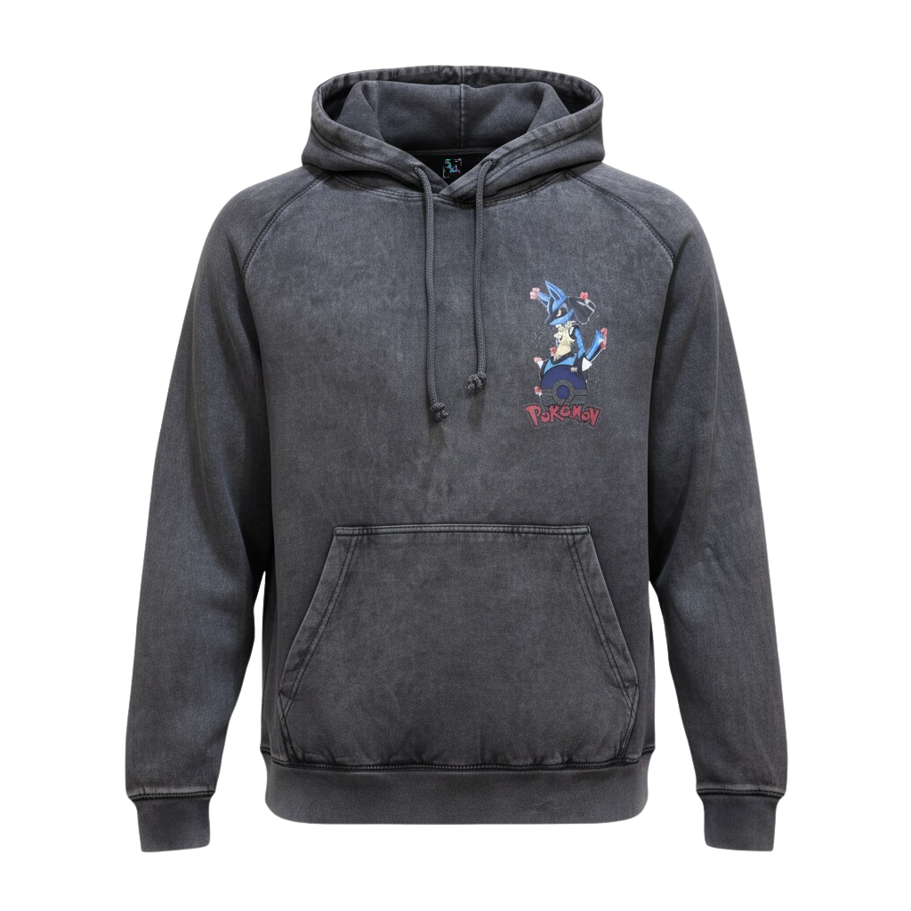 Front view of 5/14 Apparel Lucario mineral wash black hoodie — Lucario and Riolu graphic on left chest with Pokemon logo, premium vintage wash hoodie