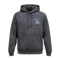 Front view of 5/14 Apparel Lucario mineral wash black hoodie — Lucario and Riolu graphic on left chest with Pokemon logo, premium vintage wash hoodie