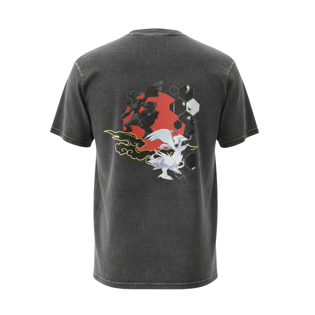 Back view of 5/14 Apparel Reshiram and Zekrom vintage black wash tee — Reshiram in white with gold flame clouds and Zekrom silhouette on red sun with black hexagon accents back graphic, premium Pokemon graphic tee