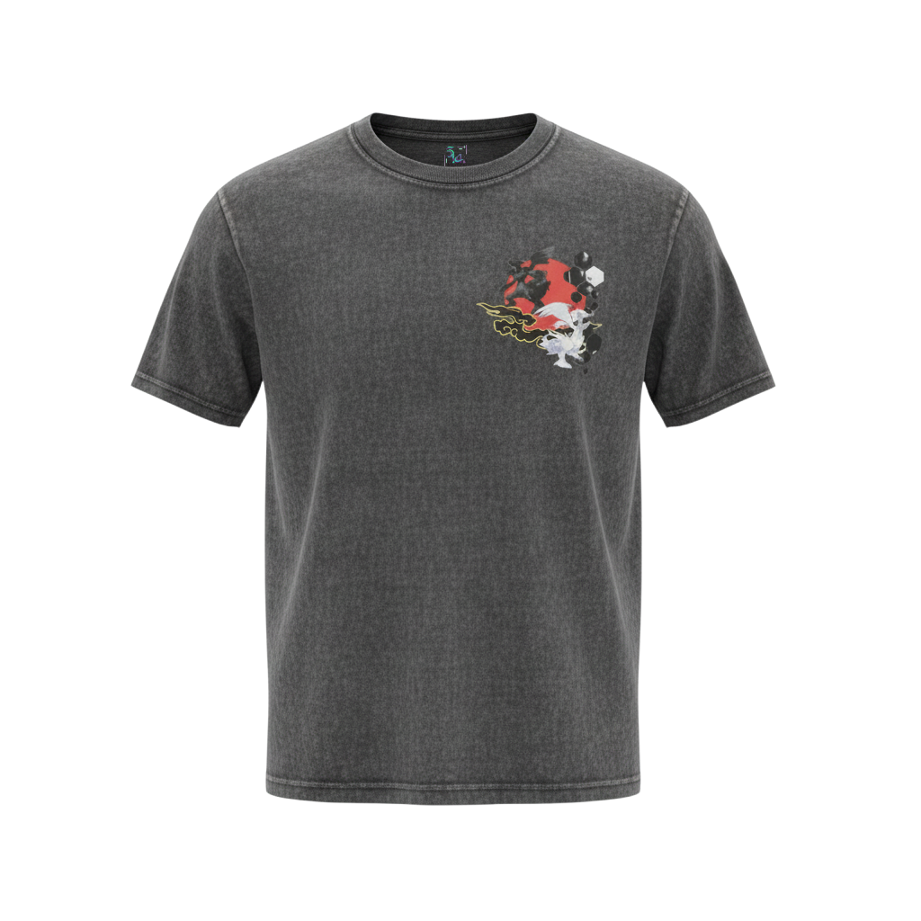 Front view of 5/14 Apparel Reshiram and Zekrom vintage black wash tee — Reshiram and Zekrom red sun with hexagon accents small chest graphic, premium Pokemon graphic tee