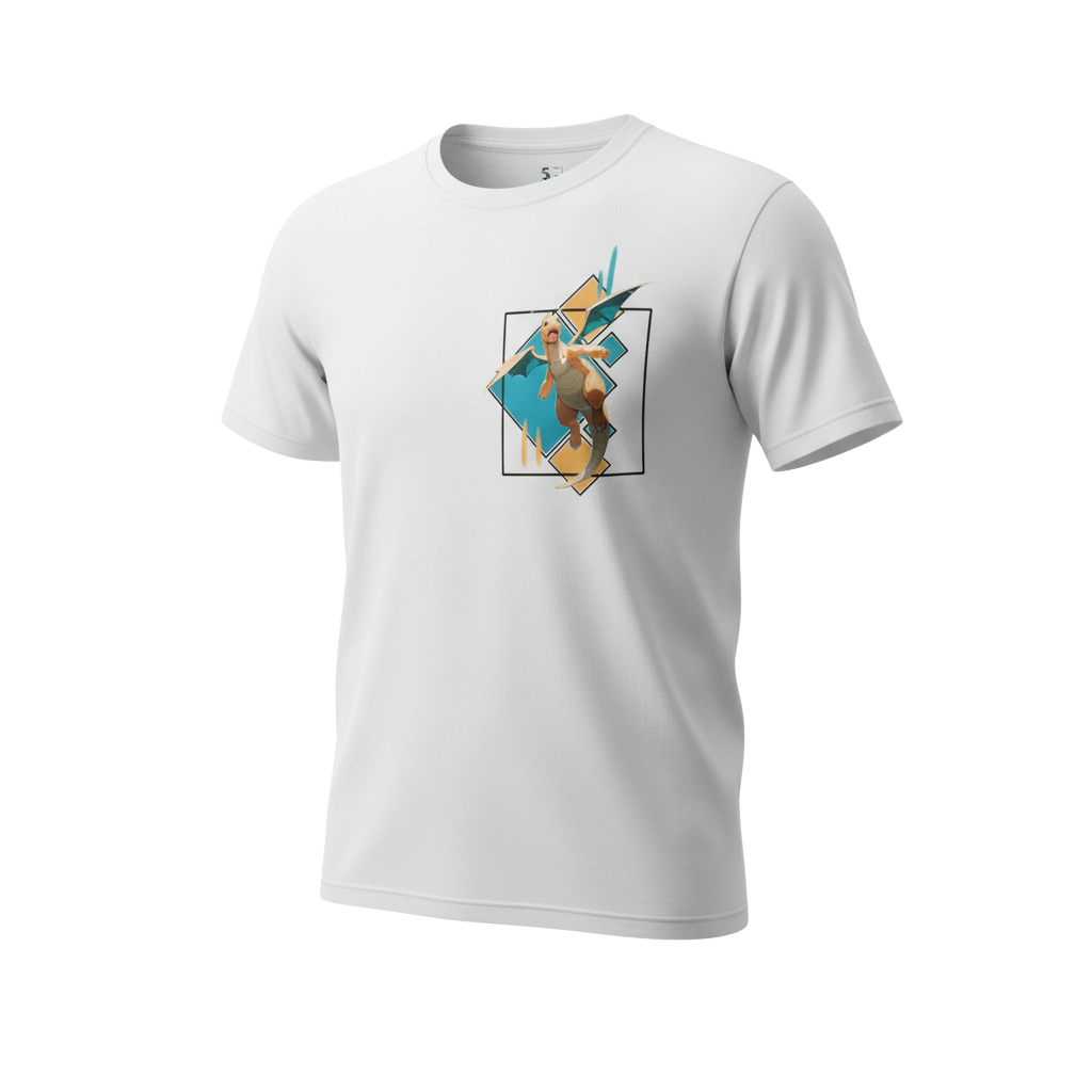 Front view of 5/14 Apparel Dragonite limited edition white tee — Dragonite in geometric diamond frame with teal and gold accents on left chest, premium Pokemon graphic tee