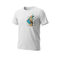 Front view of 5/14 Apparel Dragonite limited edition white tee — Dragonite in geometric diamond frame with teal and gold accents on left chest, premium Pokemon graphic tee