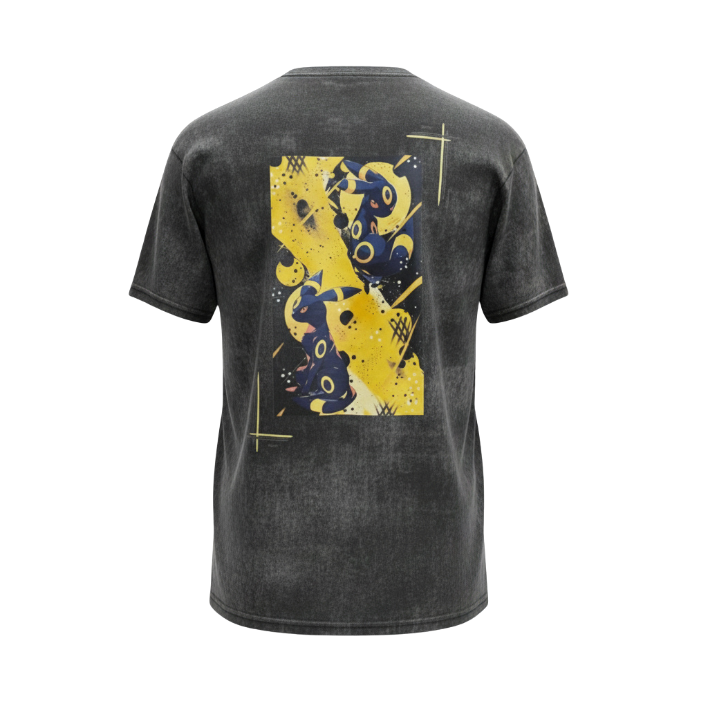 Back view of 5/14 Apparel Umbreon vintage black wash tee — multiple Umbreon in bold yellow abstract geometric back graphic, premium Pokemon graphic tee