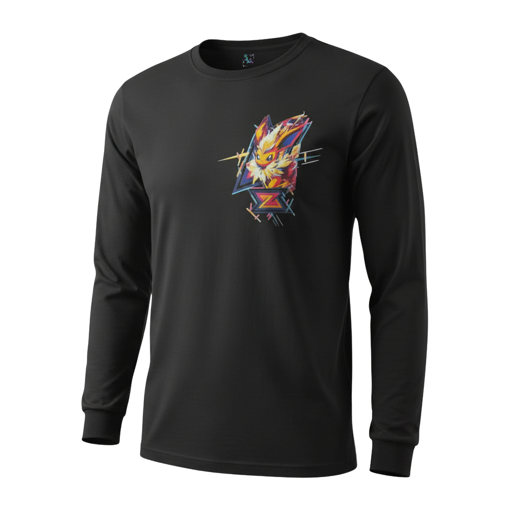 Angled front view of 5/14 Apparel Flareon limited edition black long sleeve — Flareon bursting through geometric diamond frame with multicolor energy accents on left chest, premium Pokemon apparel